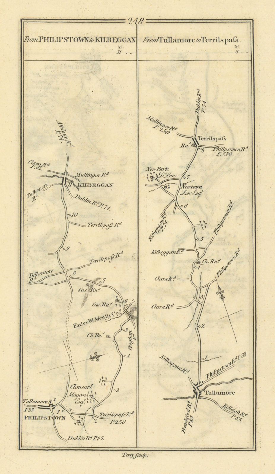 #248 Daingean to Kilbeggan. Tullamore to Tyrrellspass. TAYLOR/SKINNER 1778 map